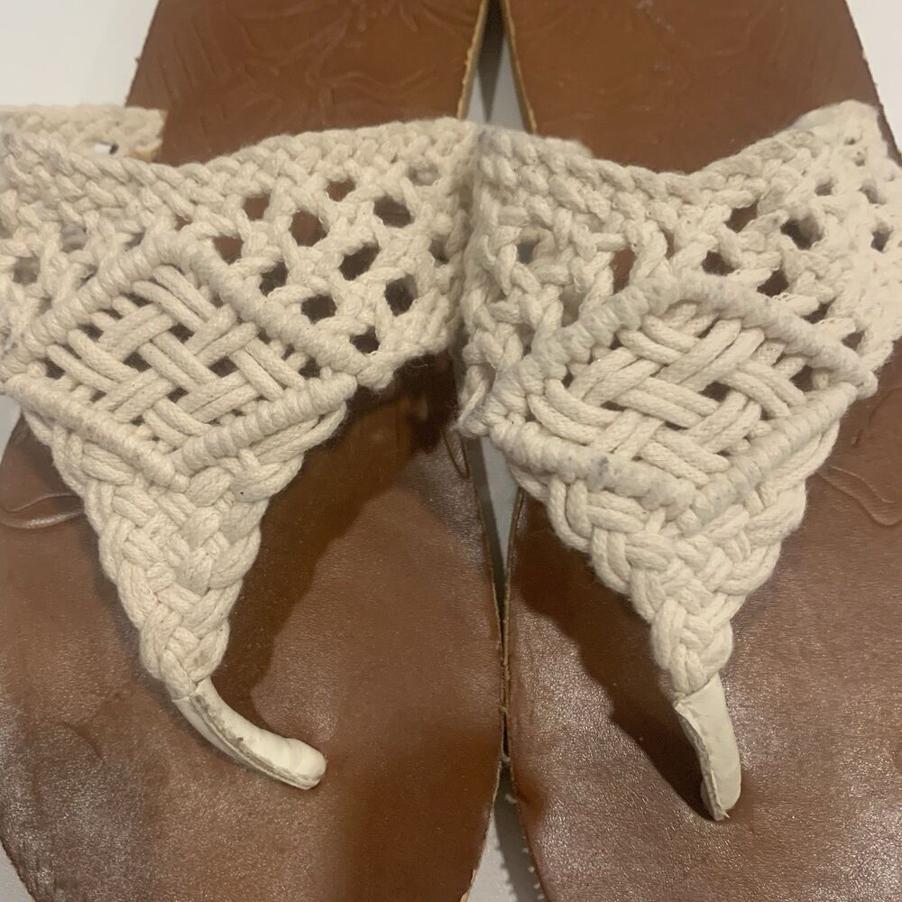 T-strap Sandals Thongs Flip Flop Flats Ivory White Macrame Womens Sz 9 - Picture 2 of 16